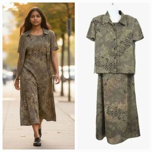 Vintage Virgo 2 PC Antique Lace Chiffon Button Down Top and Midi Dress Size 8